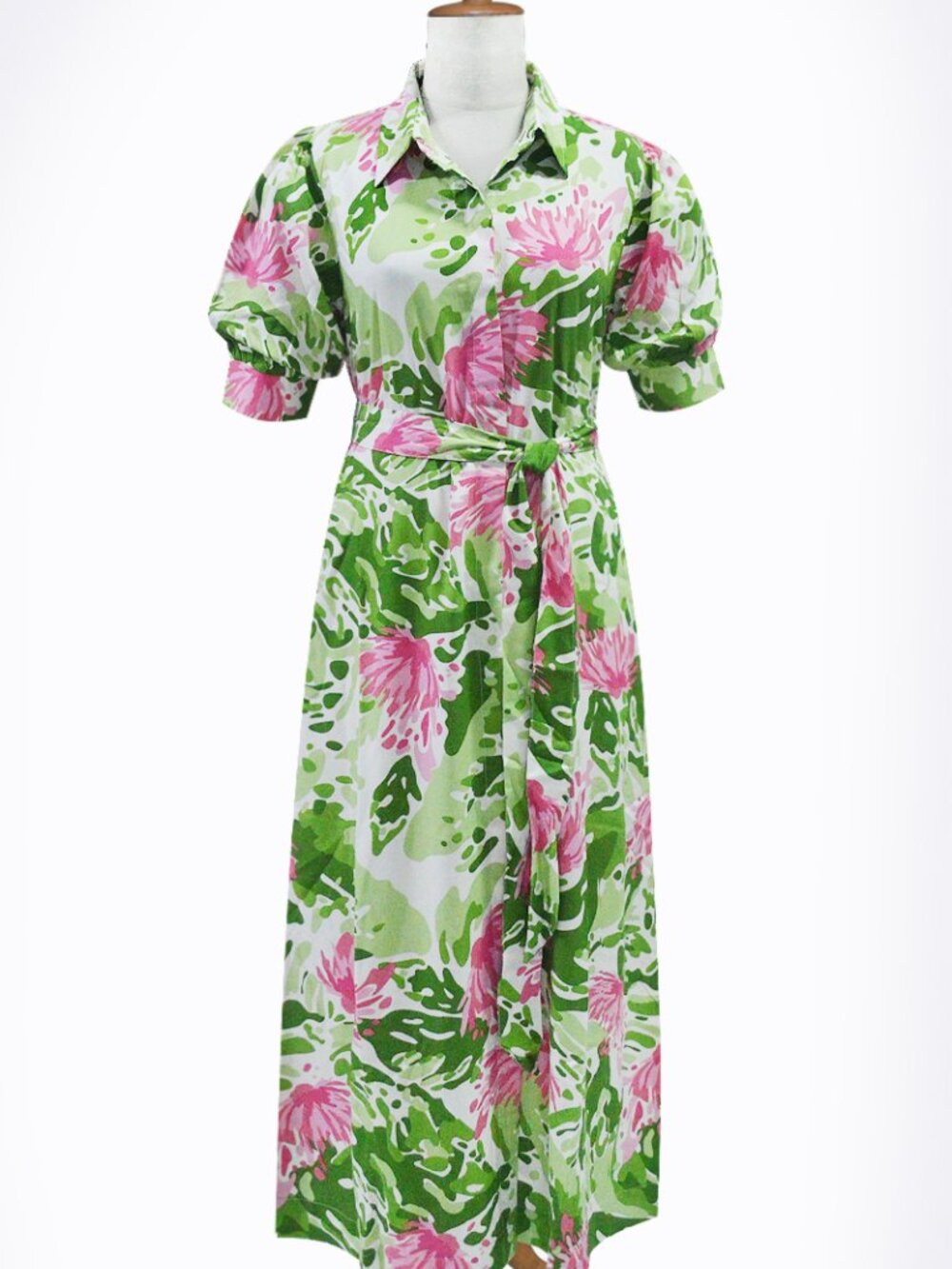 Escapada Living Pink, Green & White Button-Front Floral Midi Dress